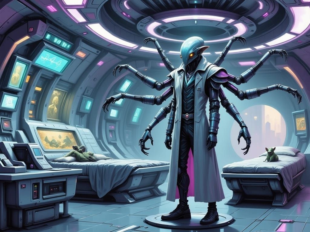 Futuristic Alien Doctor Tends to Patient in High-Tech Starsh...