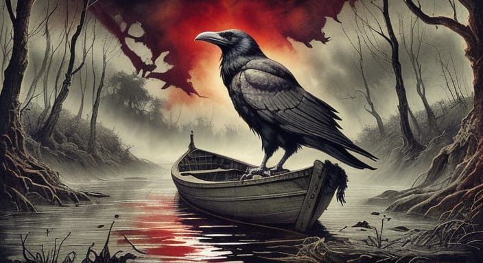 Mysterious Raven on Haunted Riverboat under Twilight Sunset