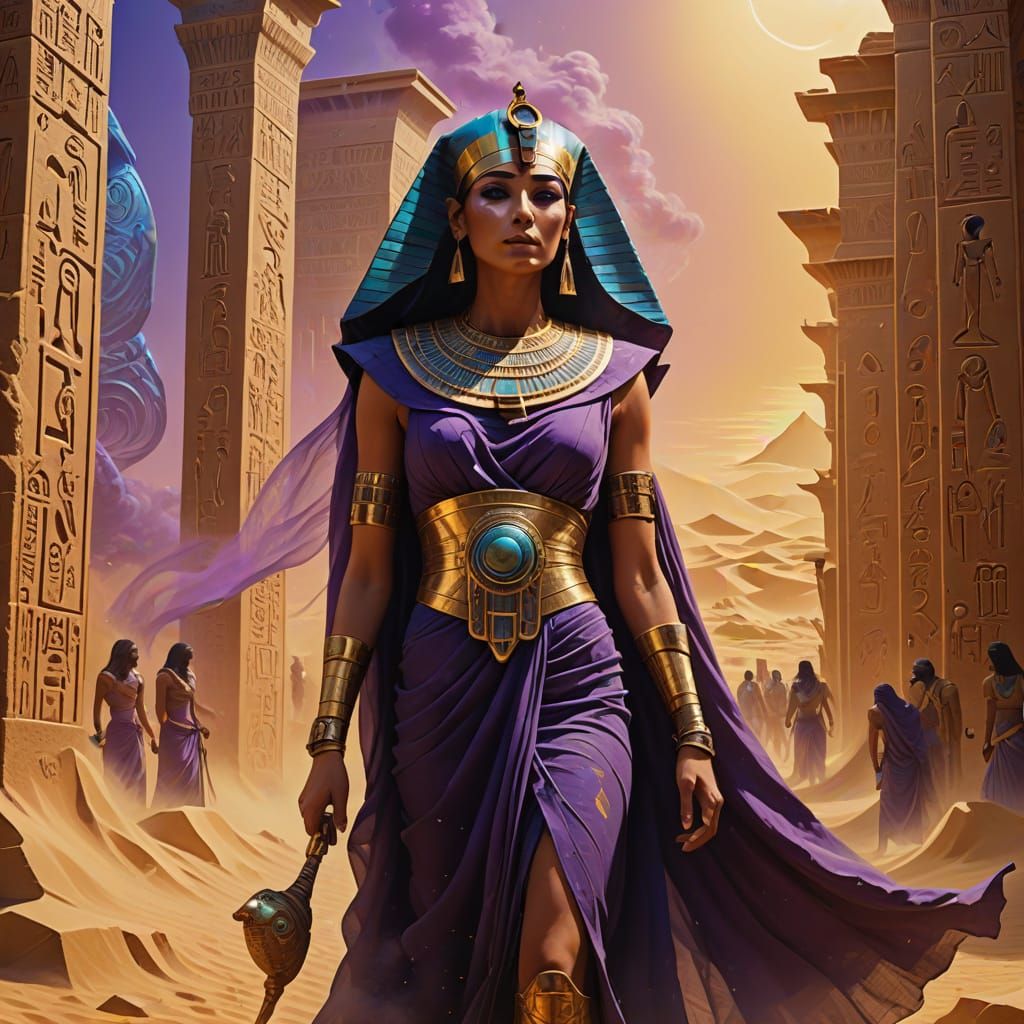 Egyptian Priestess in a Futuristic Metropolis: Surreal Oil P...