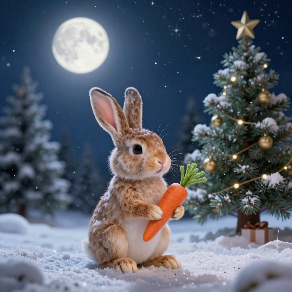 Fairy Tale Hare with Carrot Under Moonlit Christmas Tree