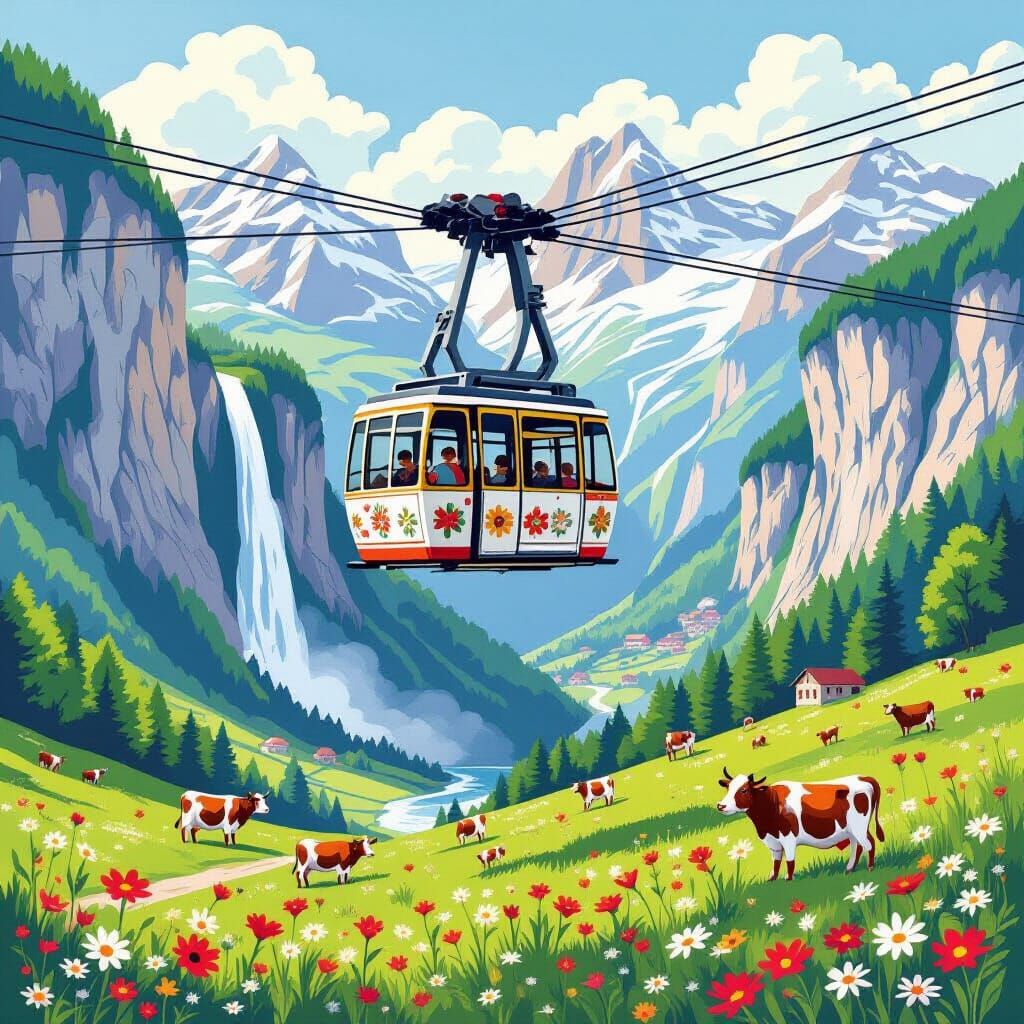 Whimsical Swiss Cable Car Above Alpine Waterfall