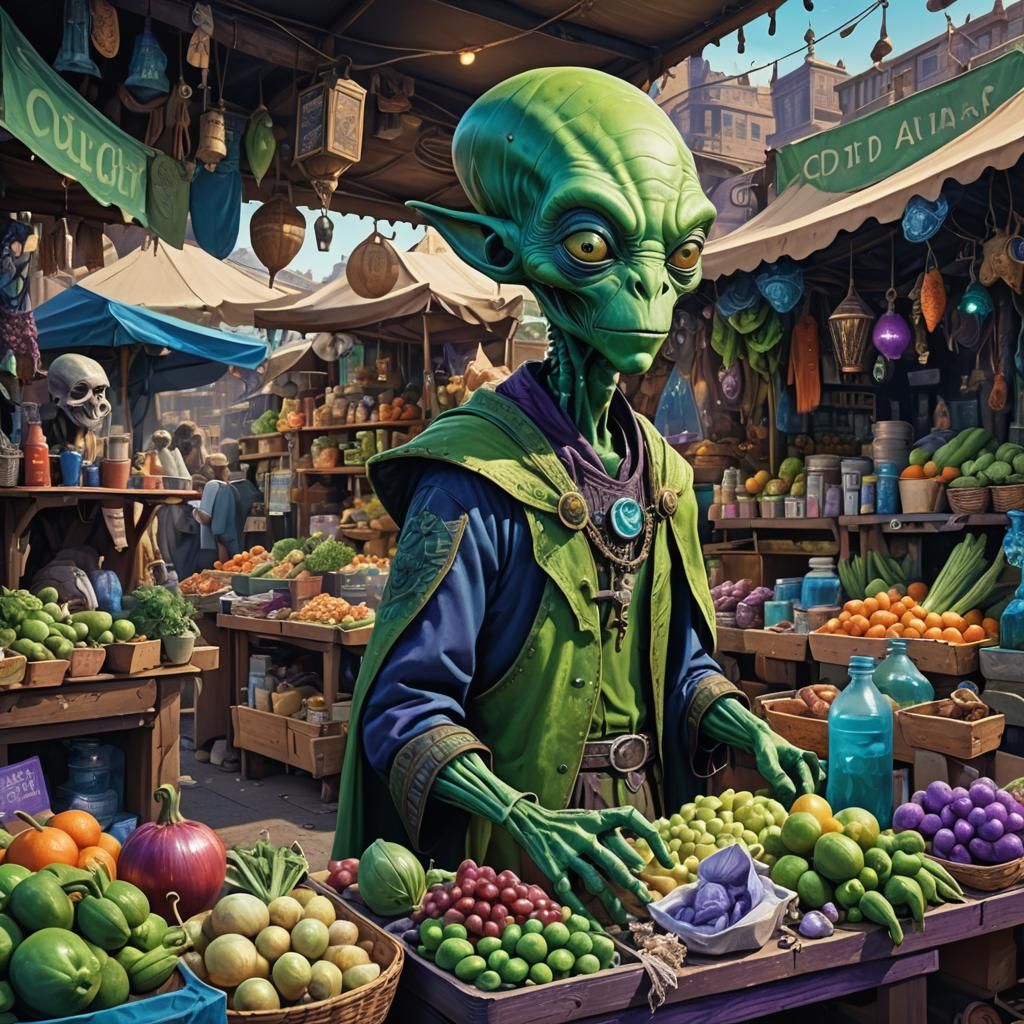 Green Alien Merchant in Surreal Market Stall