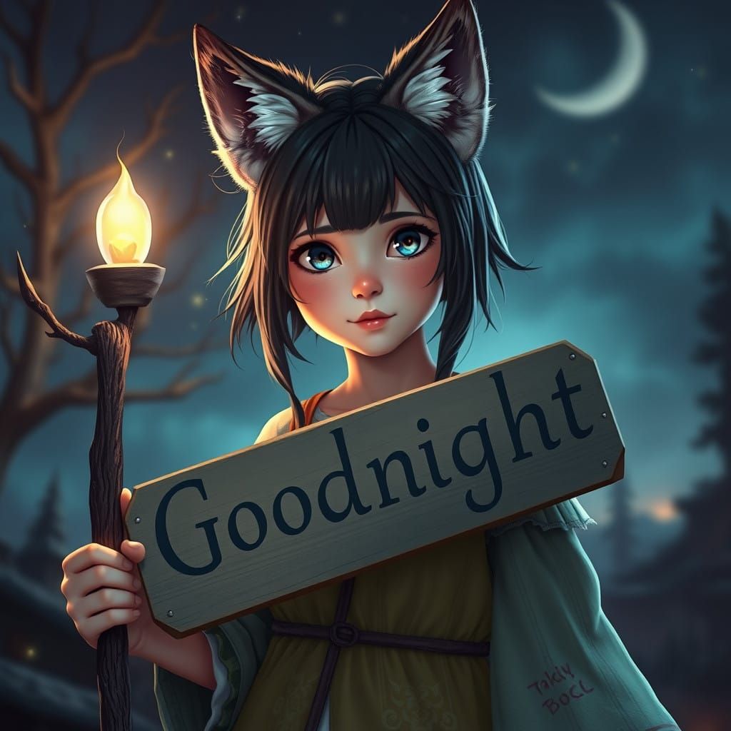 Girl with Wolf Ears Holding a Goodnight Sign in Fantasy Conc...