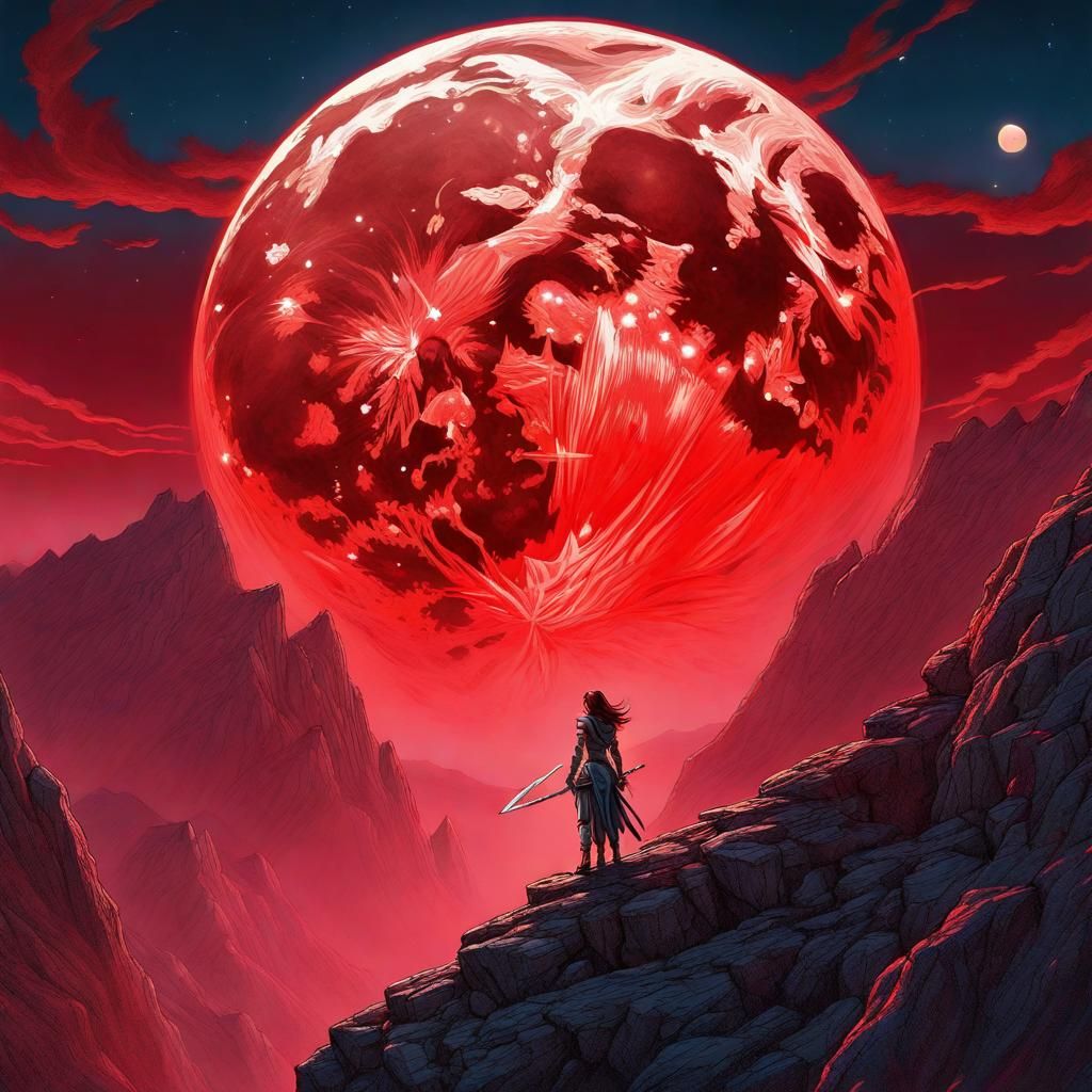 Warrior woman on the edge of a cliff, staring at the big full red moon, rising in the sky, bright deep colours, deep con...