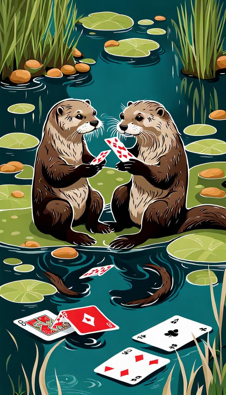 Otters Playing Cards in a Pond