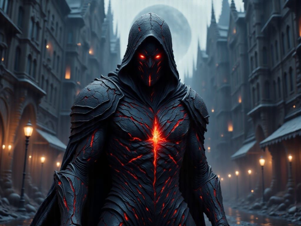 Battle-Scarred Knight with Lava Core in Sci-Fi Setting