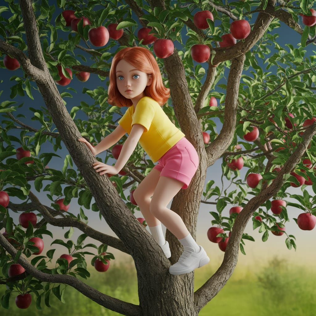 Girl Climbing Apple Tree in Detailed Digital Painting