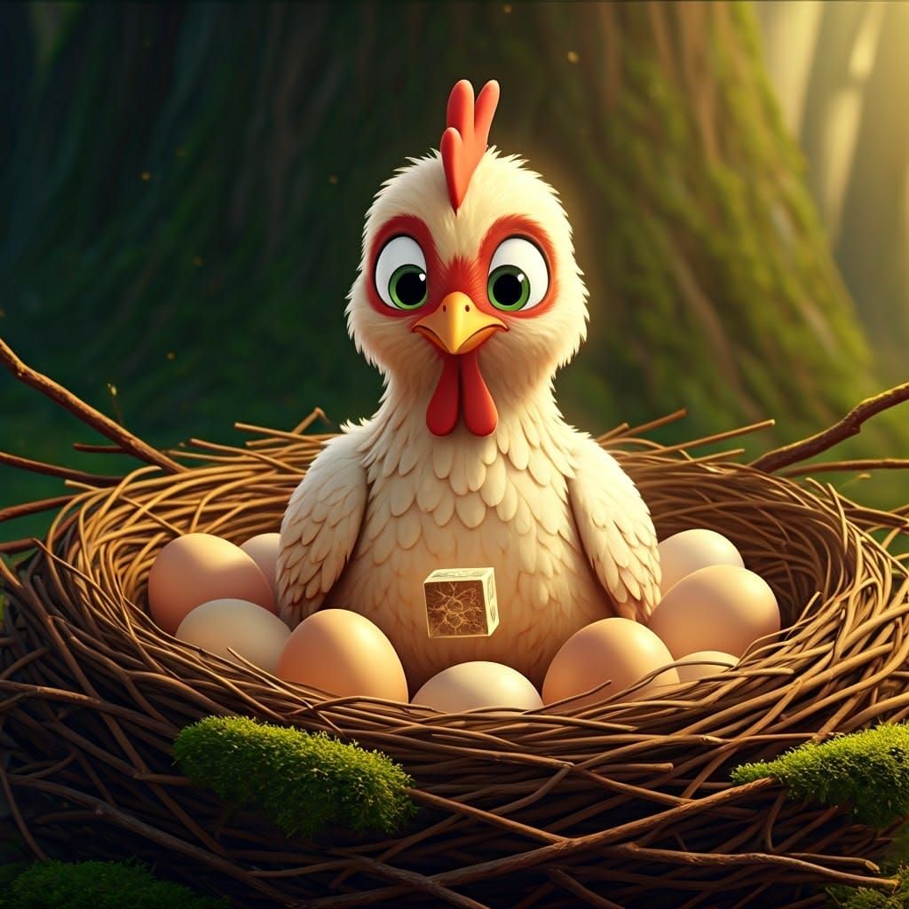 In bright realistic colors: "A sweet-eyed cartoon chicken su...