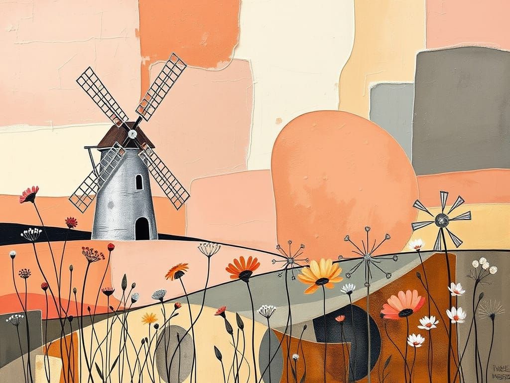Vibrant Mondrianesque Abstractions of Windmill and Wildflowe...