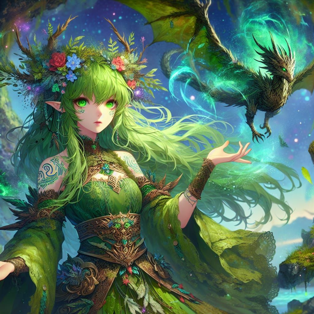 Anime Dryad Portrait with Forest Elder Dragon