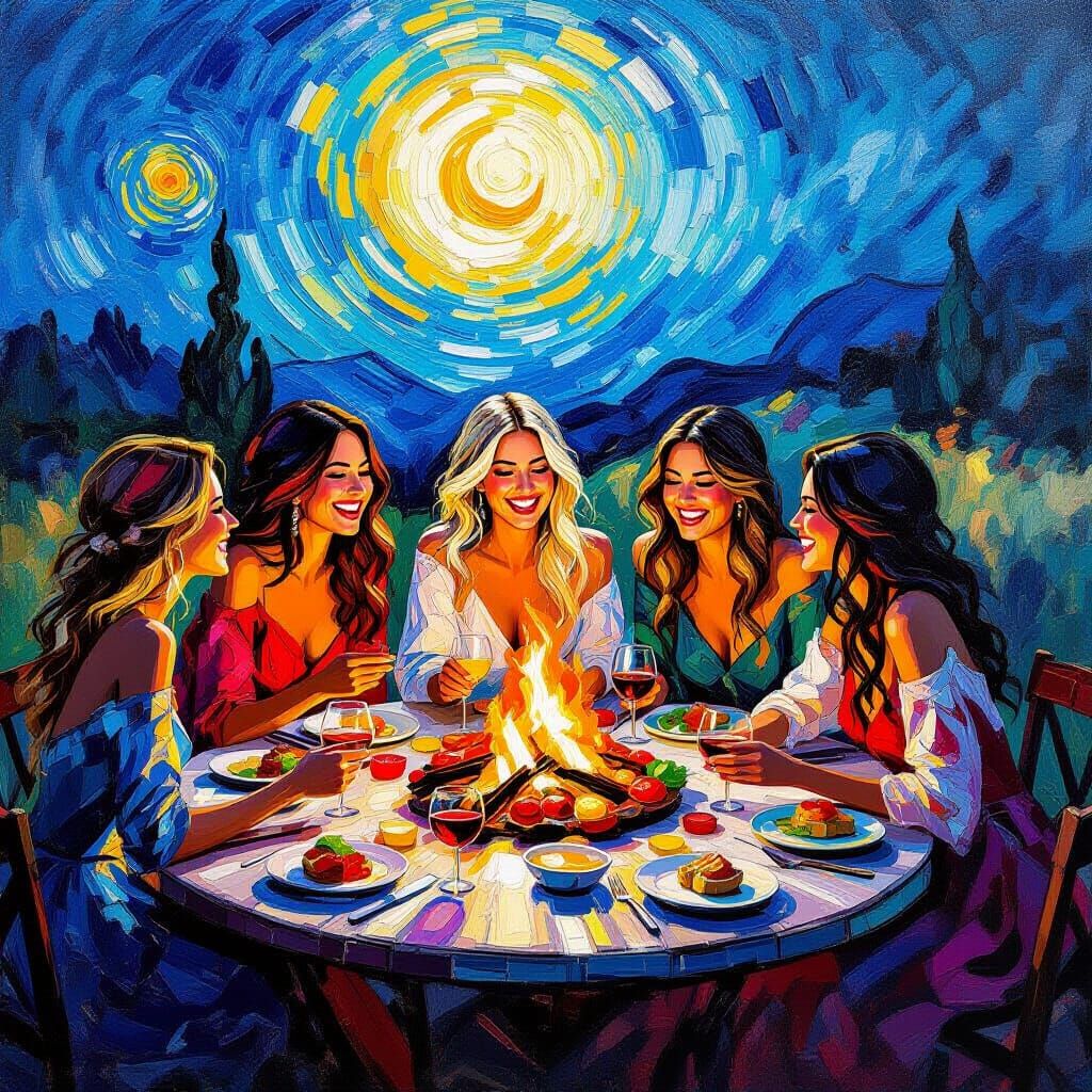 Joyful Women's Circle Around Bonfire: A Neo-Impressionist Ma...