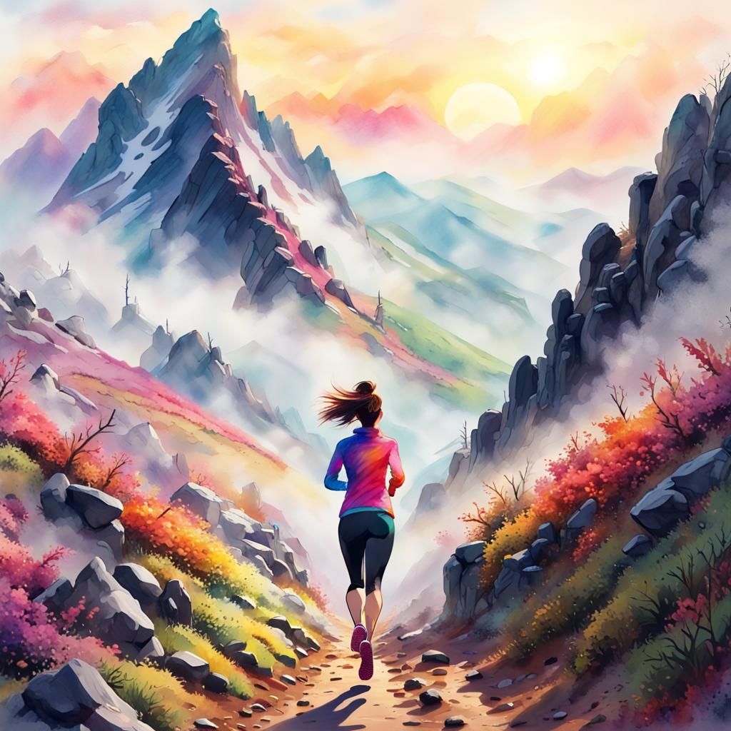Back view of a beautiful woman running on a mountain trail t...
