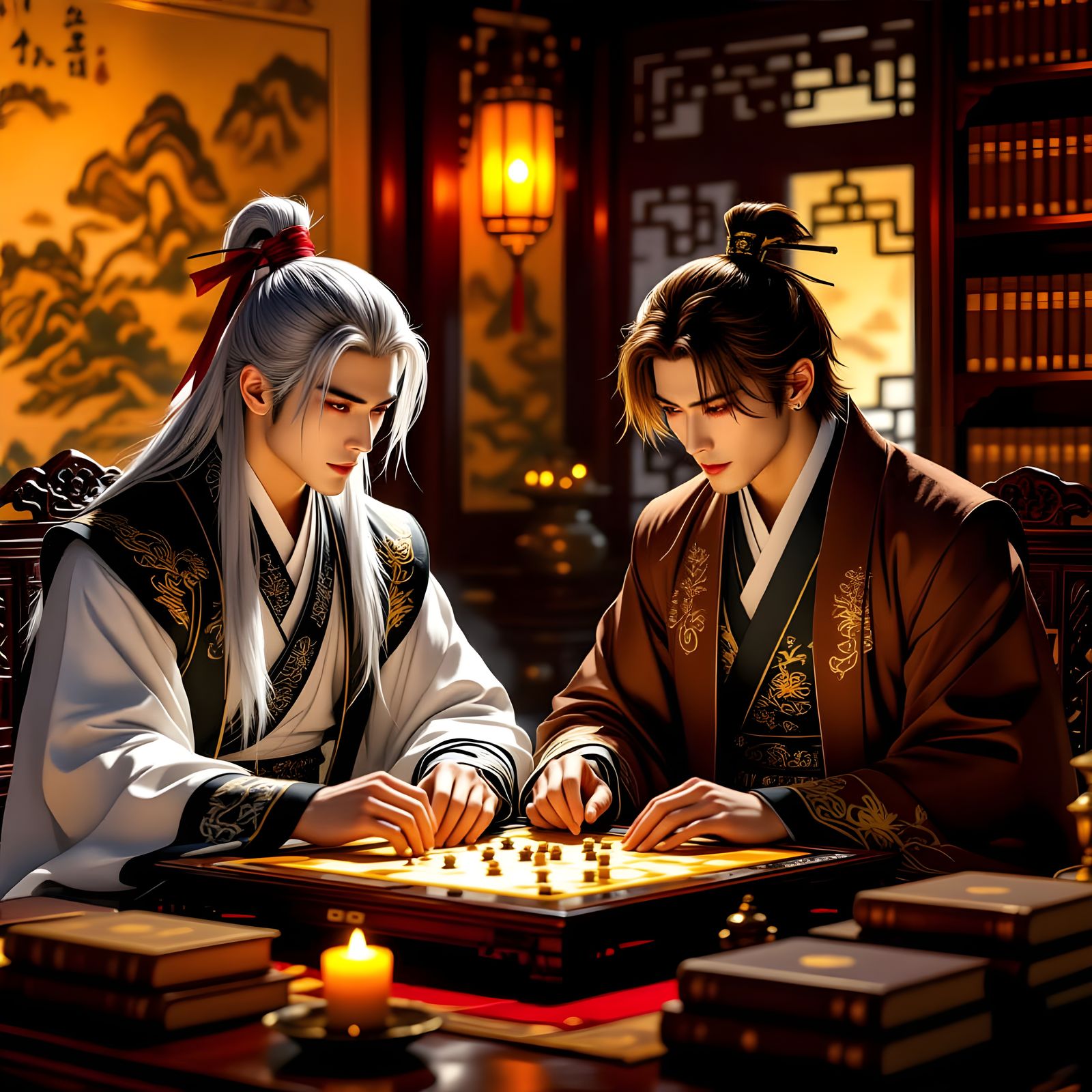 Xiangqi Game Between Two Handsome Men in Ornate Room