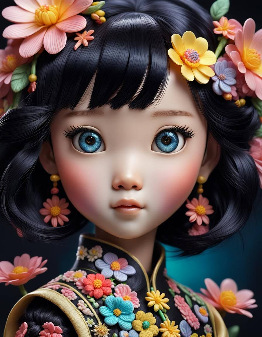 Adorable Asian Doll Headshot in Hyperrealistic Style
