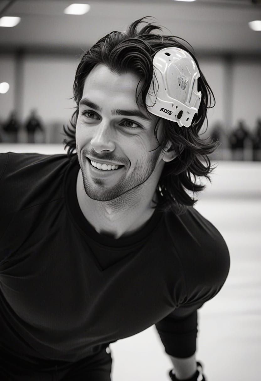 Young Man Skating Confidently on Ice Rink