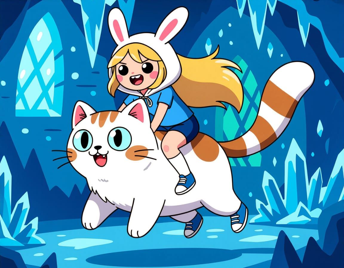 Fionna and Cake Leap Through Ice King's Lair in Anime Style