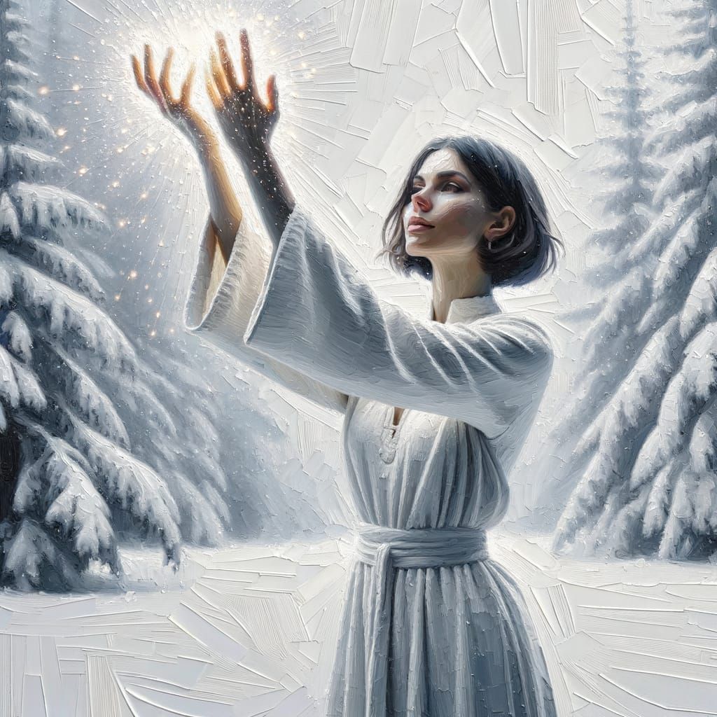 Sparkling Energy in Snowy Forest, Impasto Style