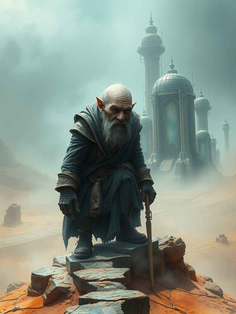 Monge-Inspired Cyberpunk Wizard in a Futuristic Desert Lands...
