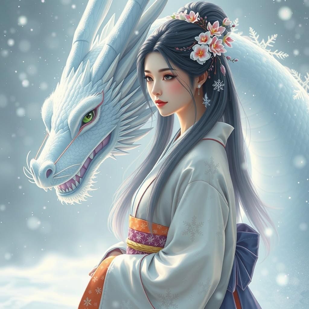 Japanese Princess and Winter Dragon in Snow Globe