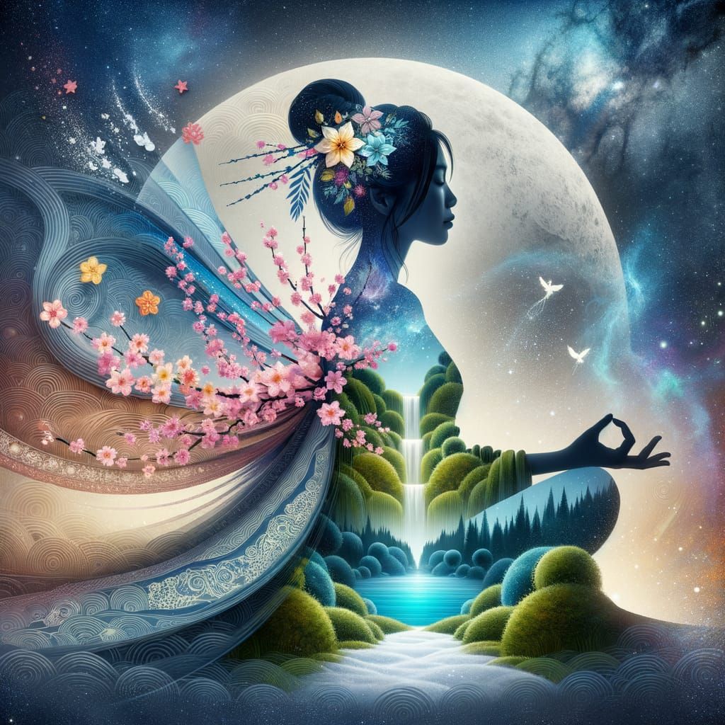 Meditating Woman Double Exposure with Four Seasons Cosmic Ar...