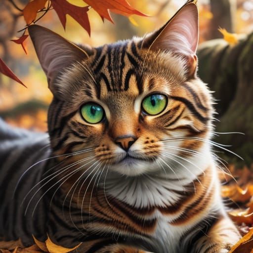 Mackerel Tabby Cat in Autumn Leaves: Vibrant Digital Paintin...