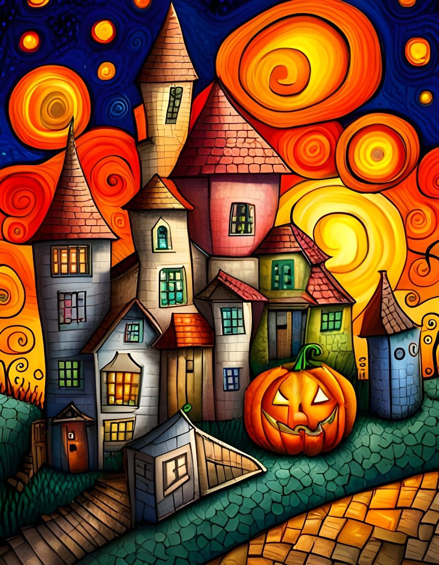 Happy Halloween Pumpkin in Cubist Aquarelle Style