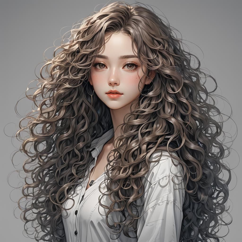 Detailed 3D Anime Sketch of Woman with Curly Hair