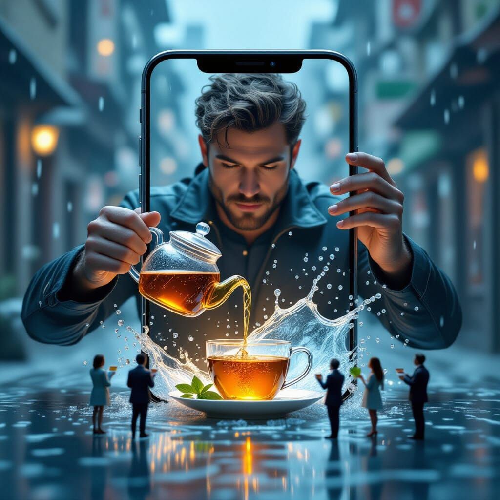 Man Emerges From Phone Screen in Surreal Digital Art
