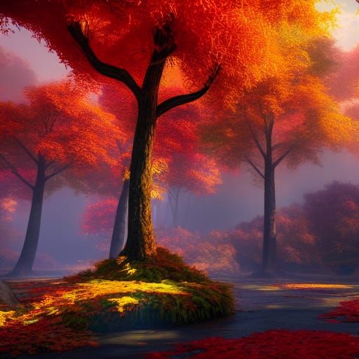 Vibrant Autumn Trees in Detailed Matte Painting