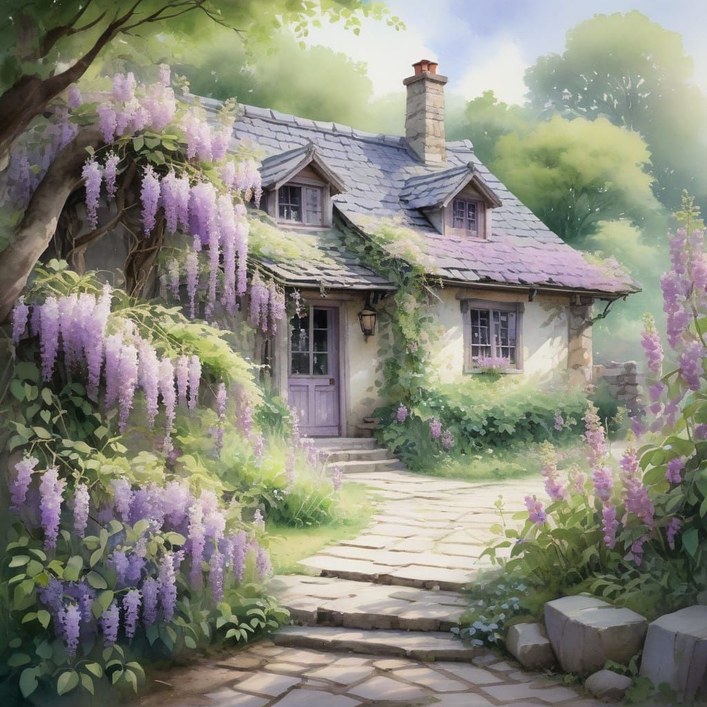 Watercolor Cottage with Wisteria Blooms in Pastel Hues