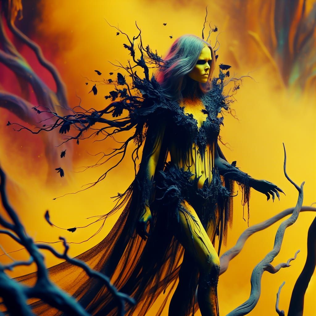 Yellow Woman Walking on Branches in Dark Fantasy Style