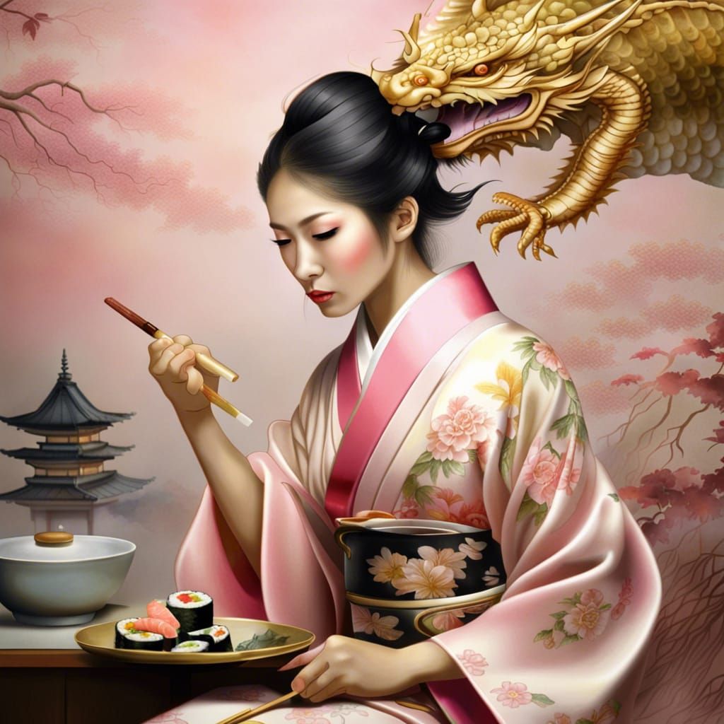 Japanese Woman Making Sushi with Dragon Kimono