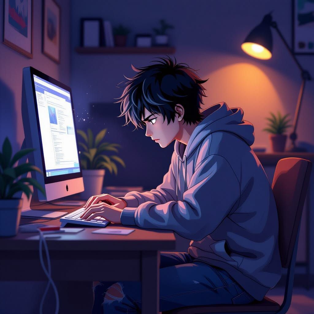 Brooding Young Man Browsing, Animated Fantasy Style