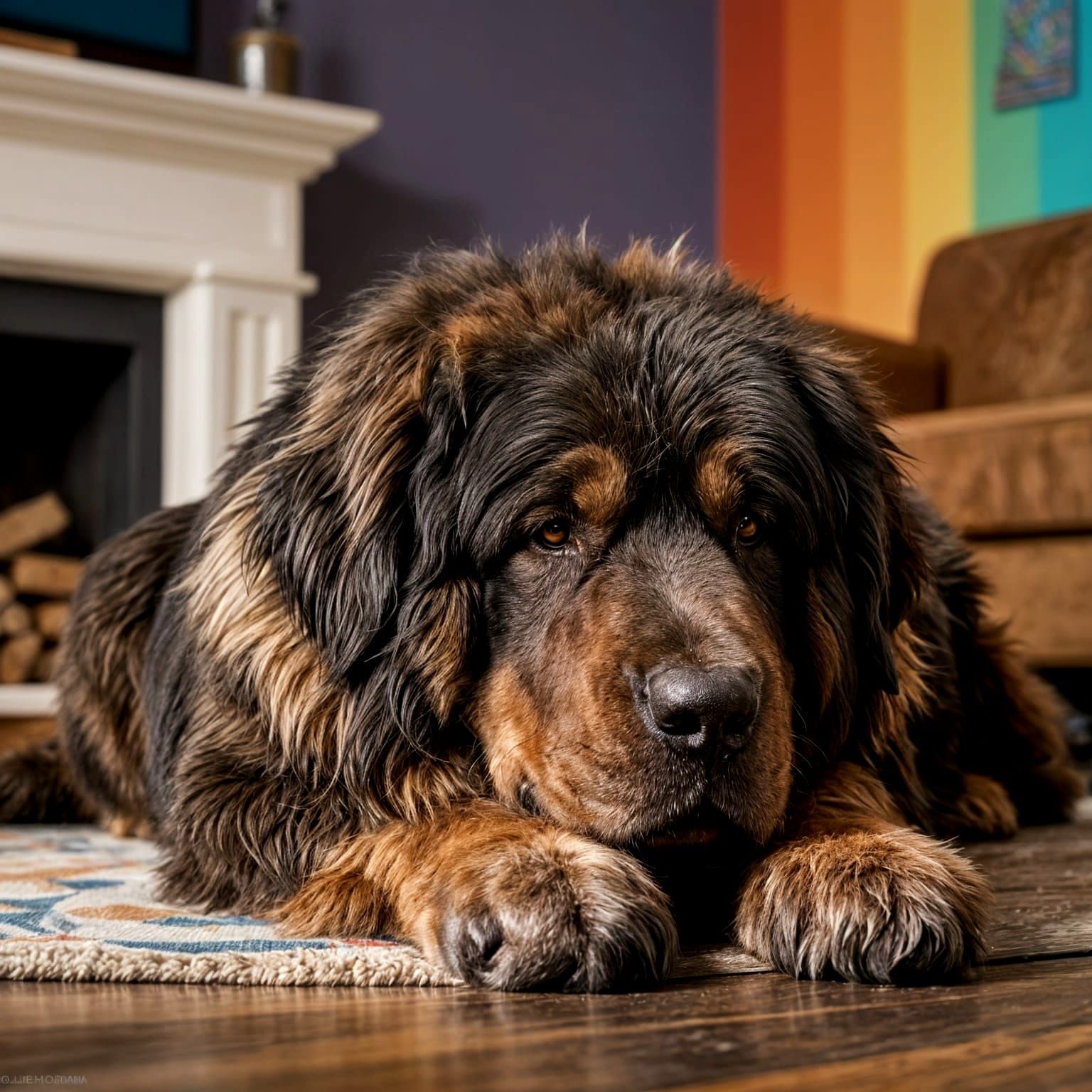 Relaxed Newfoundland Dog Rests by Chimney