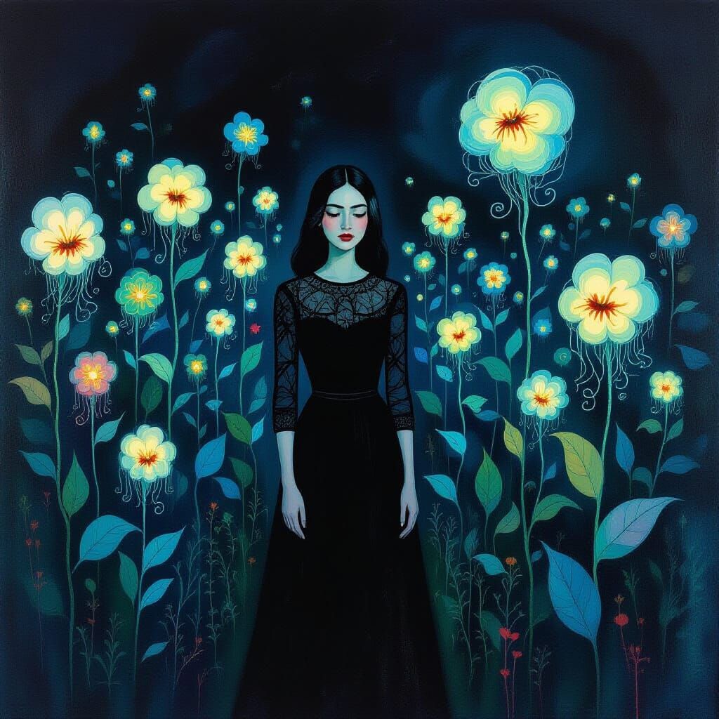 In a mixed-media horror collage, a garden of whispering flow...