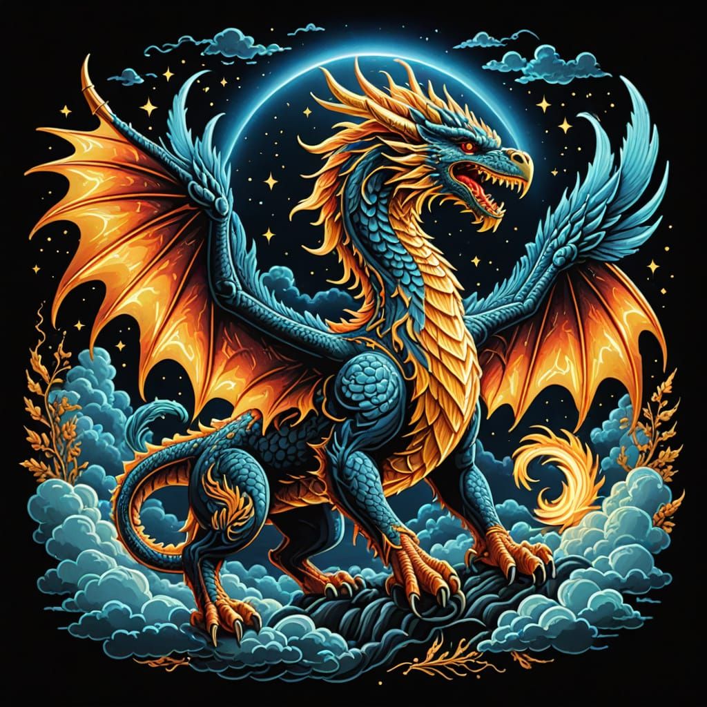 Luminous Dragon and Griffin Battle in Embroidered Sky