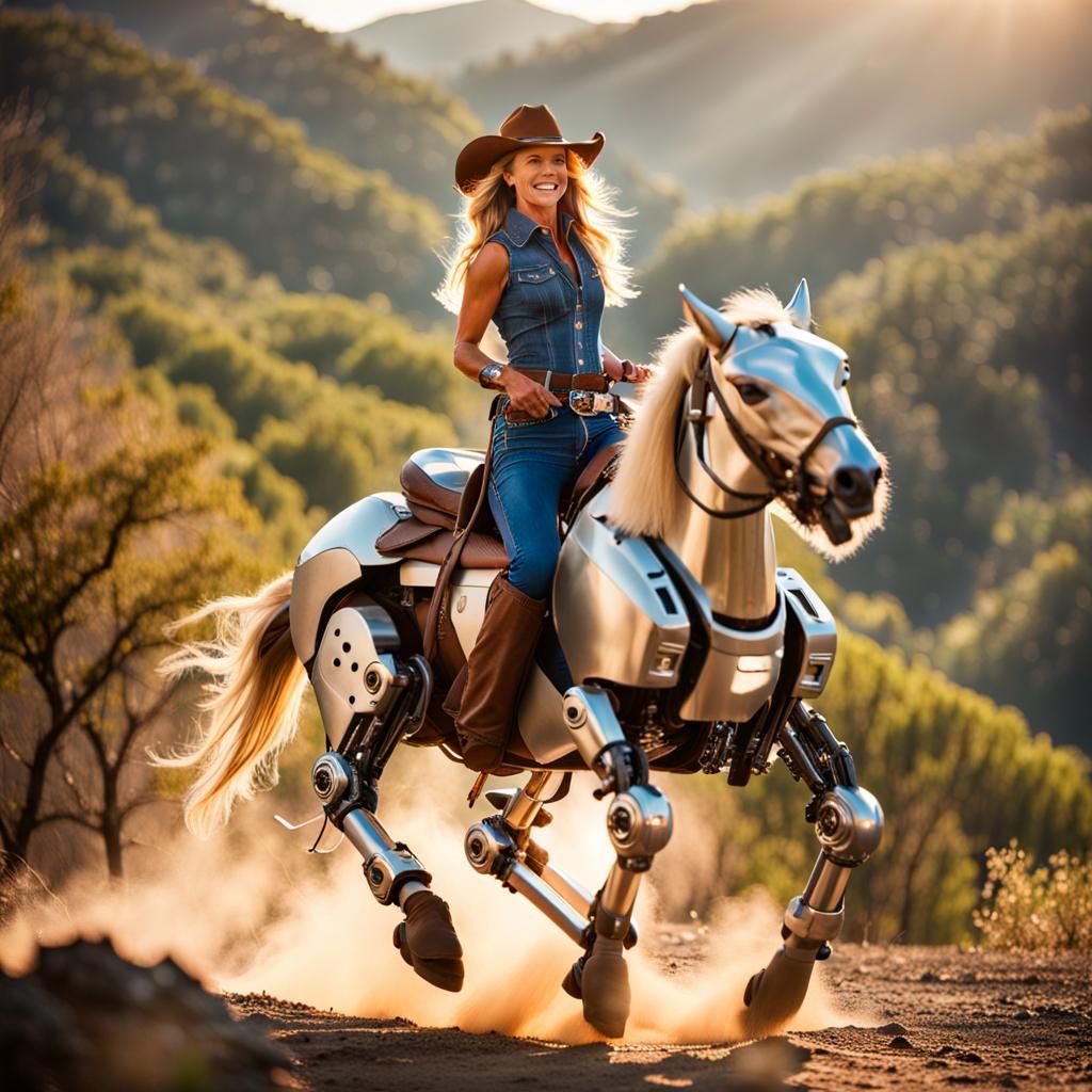Cyborg Cowgirl Rides Robotic Horse in Bokeh