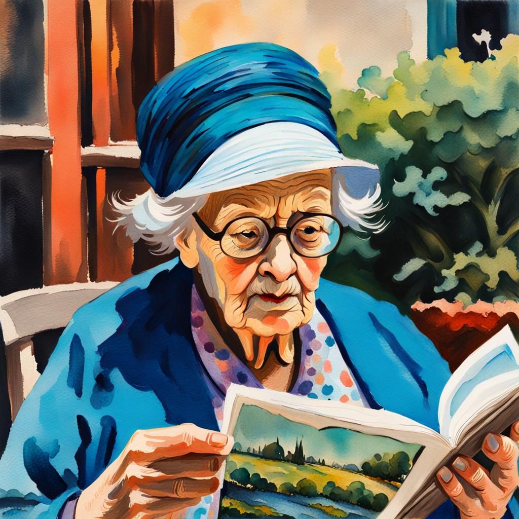 Old Lady Reading Postcard in Gouache Watercolor Style