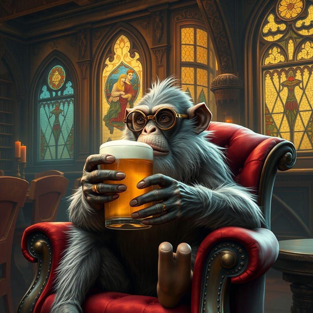 Elderly Monkey Sits in Mystical Tavern, Cradling Beer