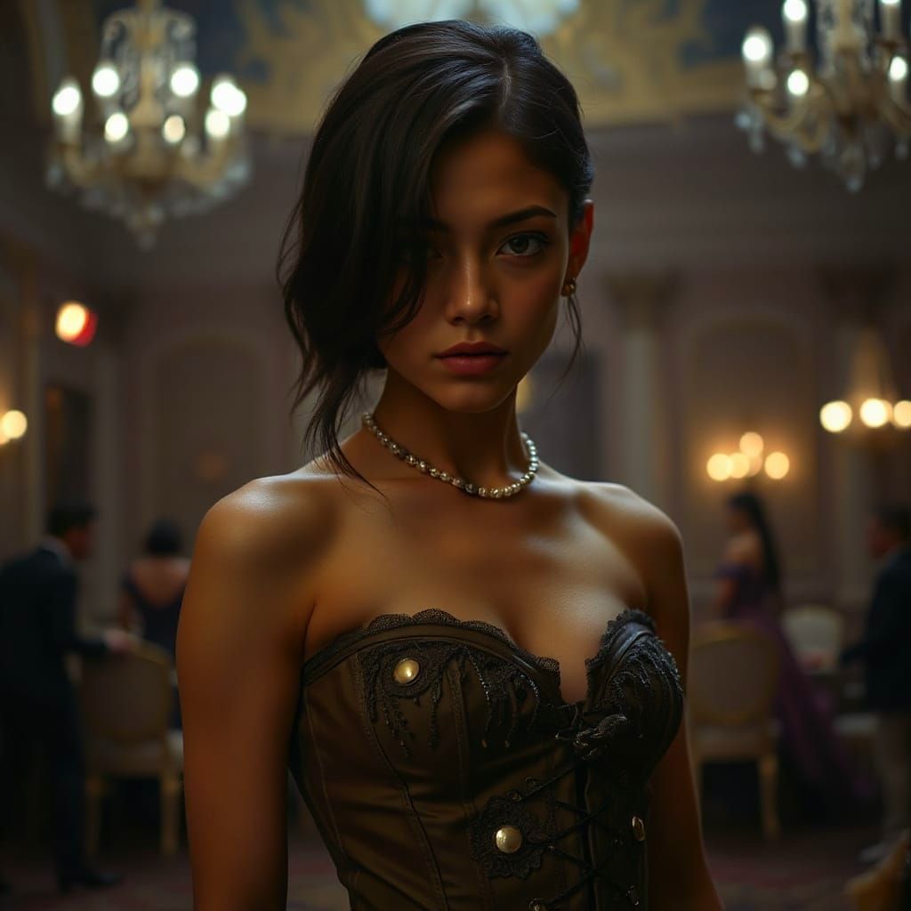 Enigmatic Filipina Woman in Dimly Lit Ballroom