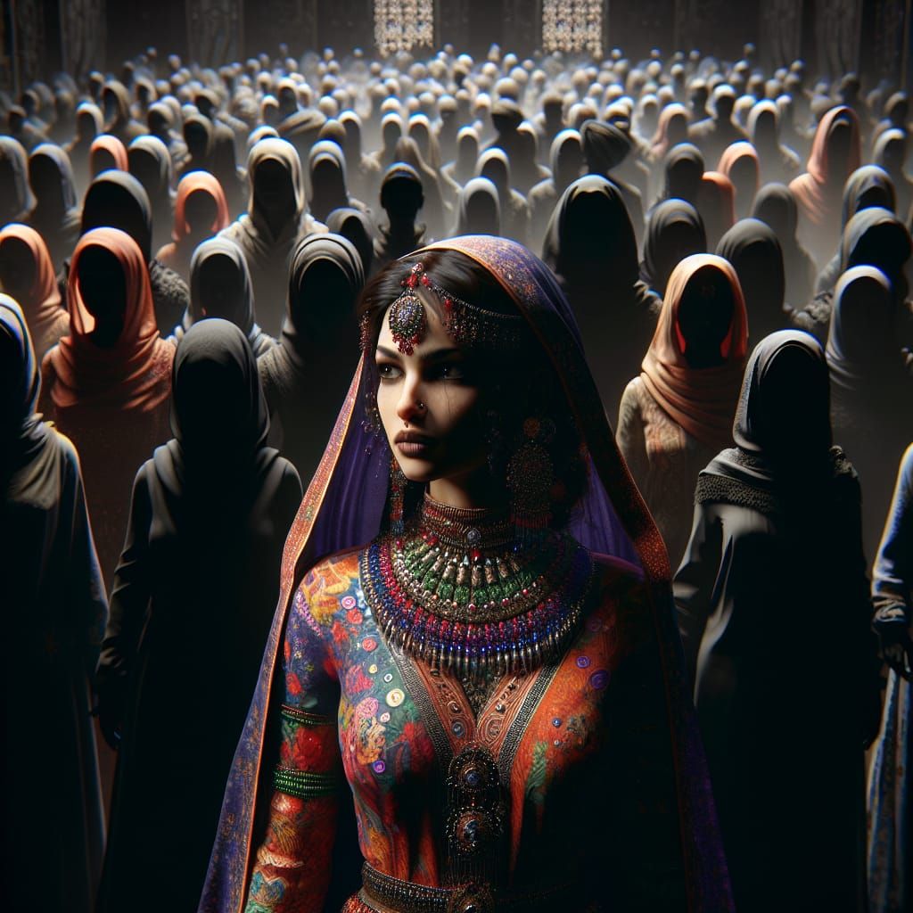 Radiant Woman in Shadowy Crowd: Dark Fantasy Portrait