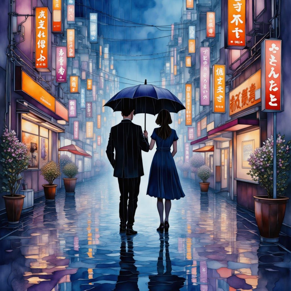 Couple Under Umbrella on Rainy Tokyo Street at Night