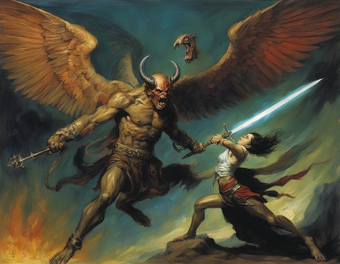 Archangel Uriel Battles a Demon in Dark Fantasy Style
