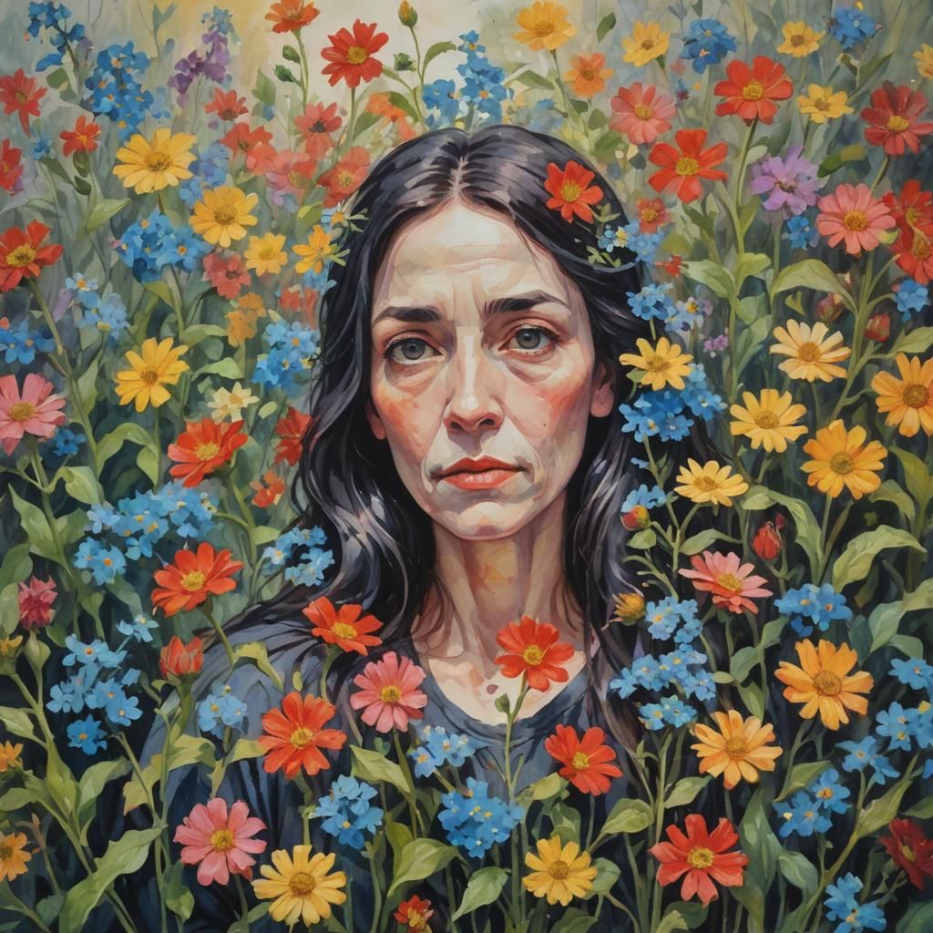 Impressionist Gouache Painting: Solitary Figure in Field