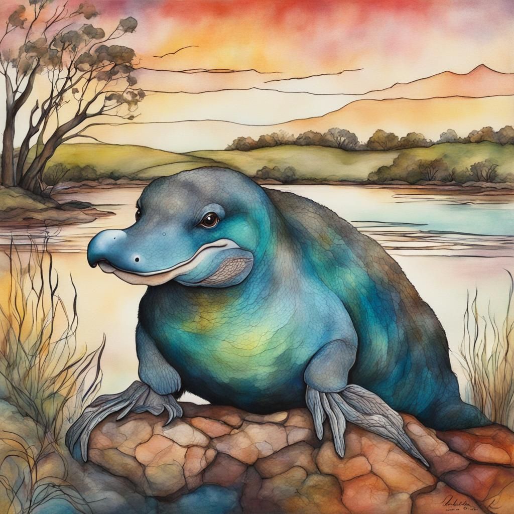 Platypus Portrait in Dreamy Australian Landscape