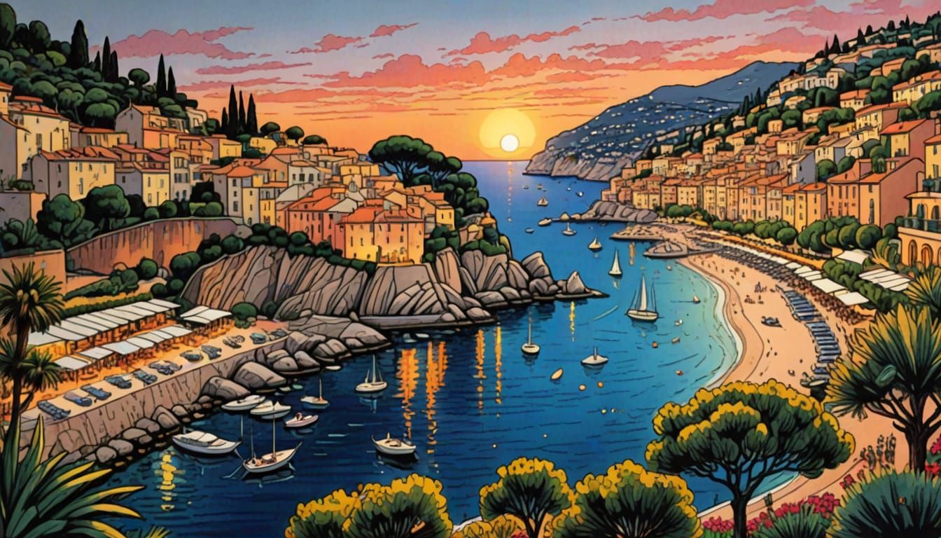 Surreal Sunset on the French Riviera in Vibrant Alcohol Mark...