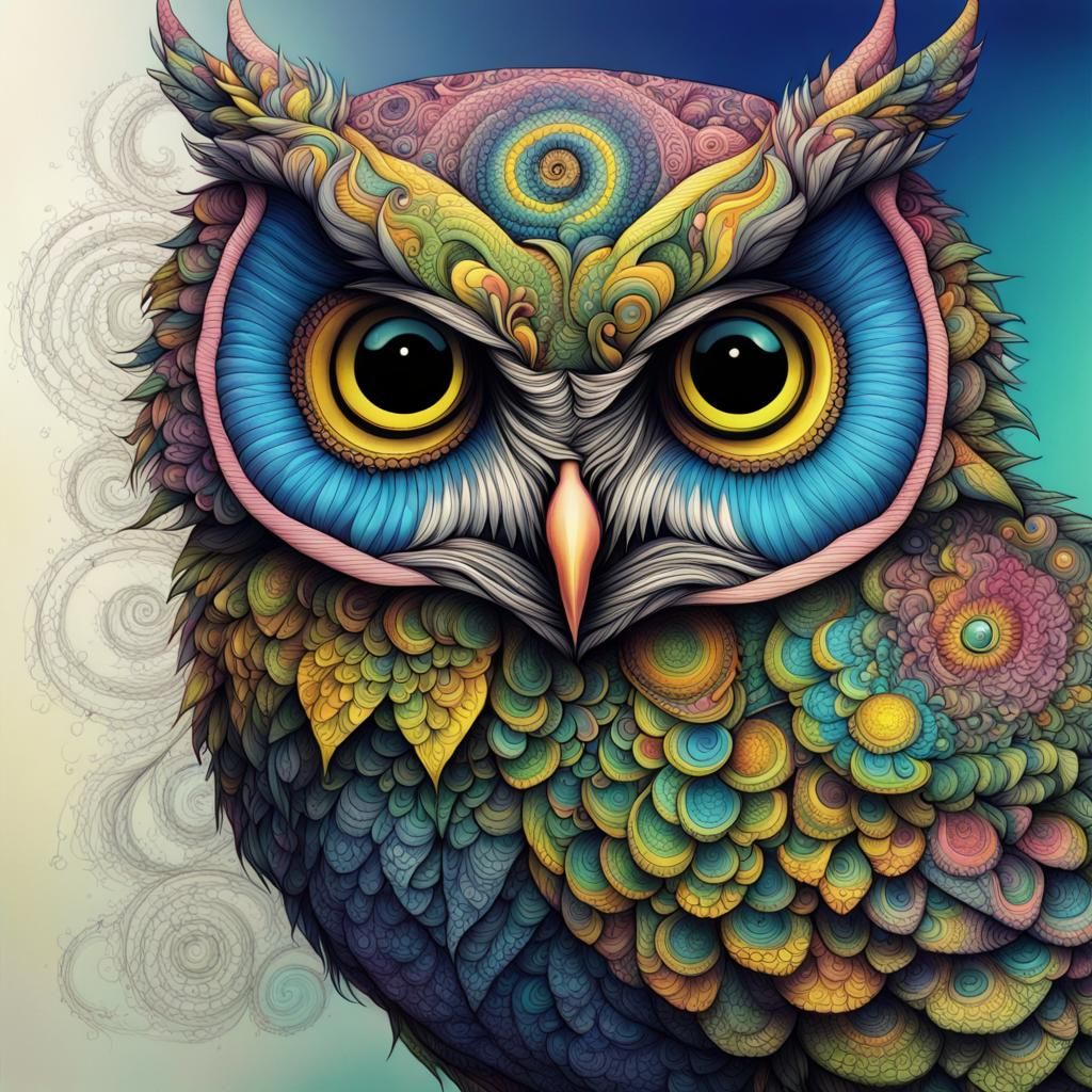 Psychedelic Zentangle Great Horned Owl Drawing