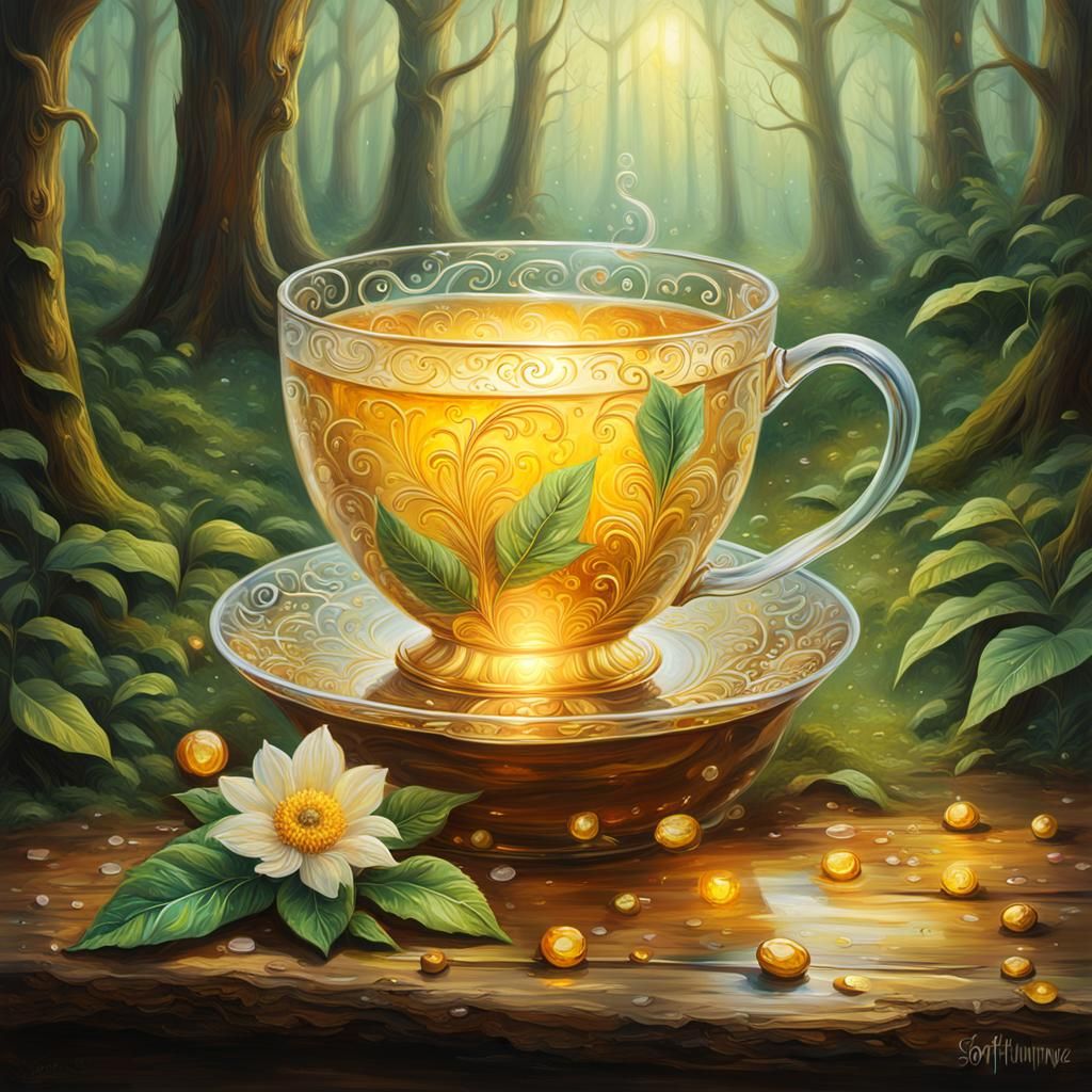 Enchanting Golden Tea in Forest, Oil Painting