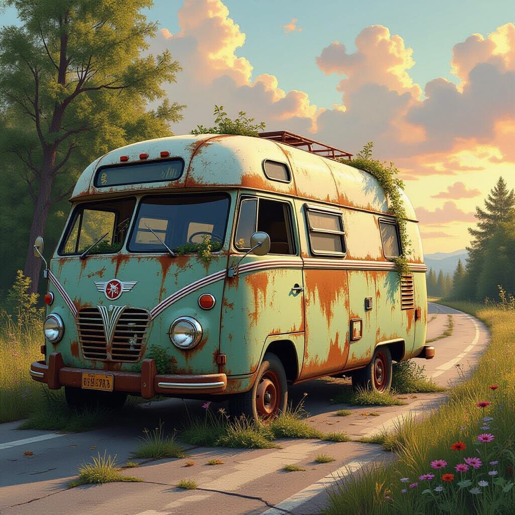 Abandoned Vintage Camper Van Overgrown with Nature