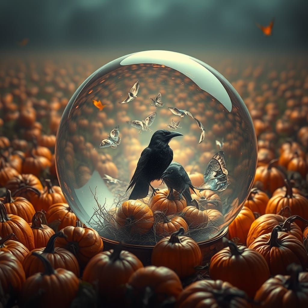 Ravens in a Hyperrealistic Glass Ball Scene